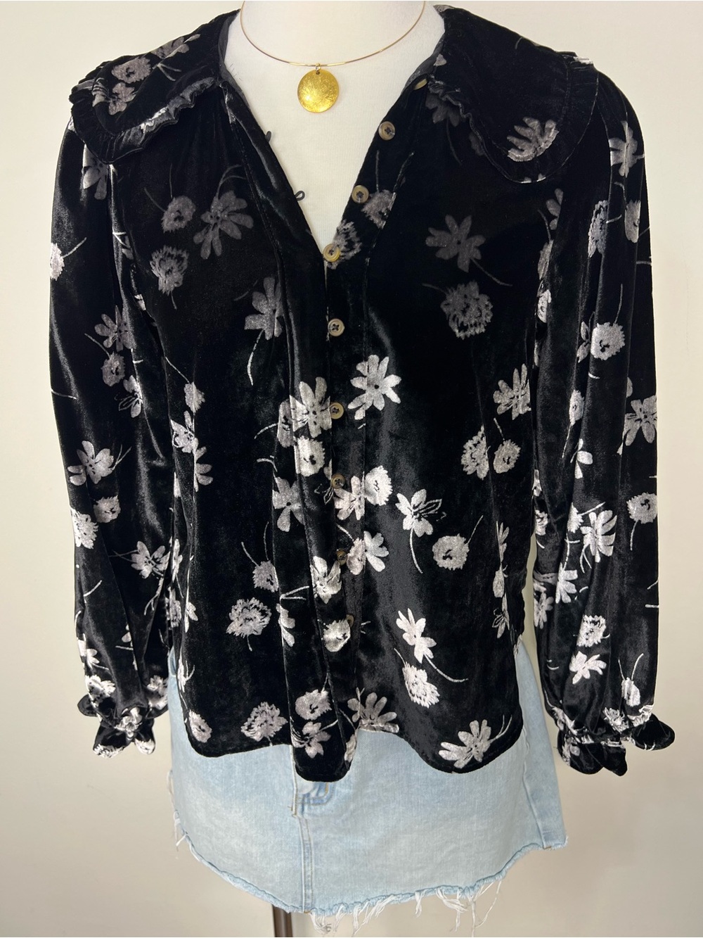 Pilcro Anthropologie Keira Velvet Floral Collared Blouse XS NWT Black Romantic - Picture 4 of 10